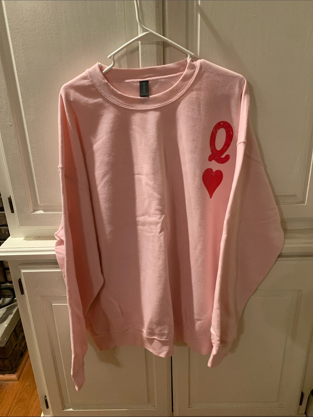 Gildan Pink Crewneck Sweatshirt with Red Heart Q Graphic